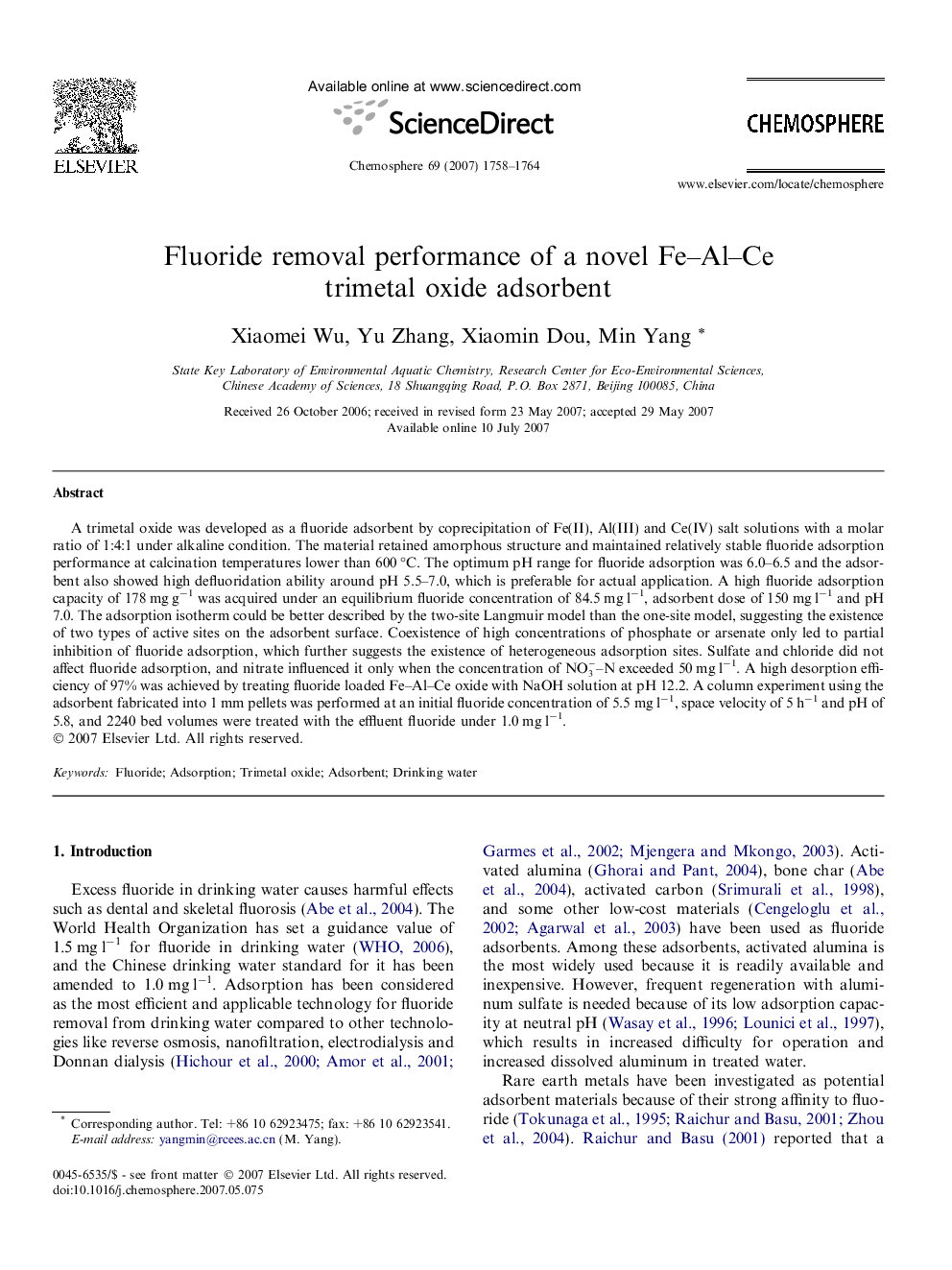 Fluoride removal performance of a novel Fe–Al–Ce trimetal oxide adsorbent