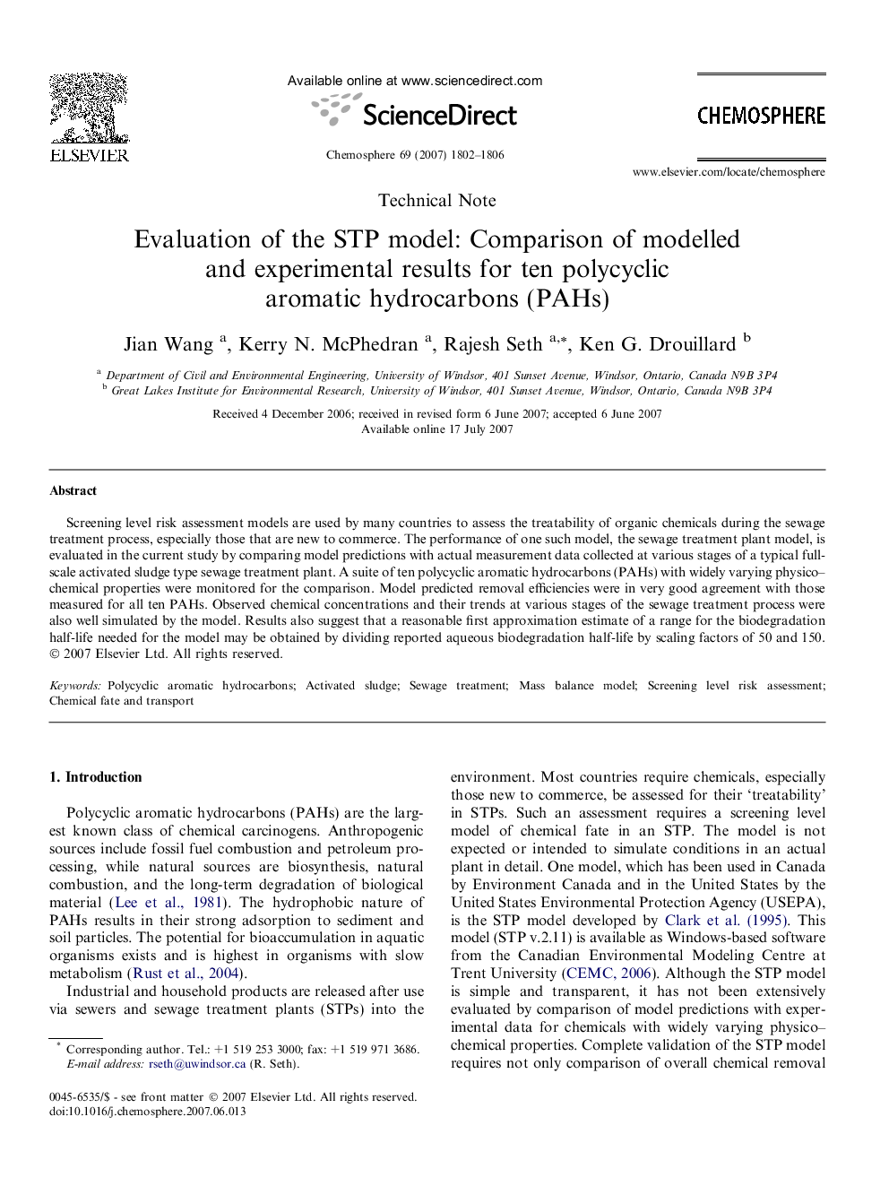 Evaluation of the STP model: Comparison of modelled and experimental results for ten polycyclic aromatic hydrocarbons (PAHs)