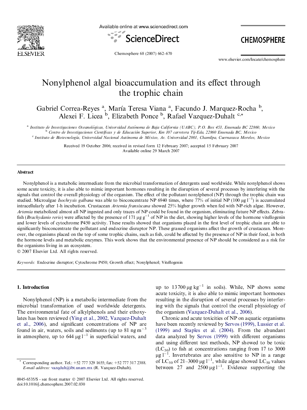 Nonylphenol algal bioaccumulation and its effect through the trophic chain