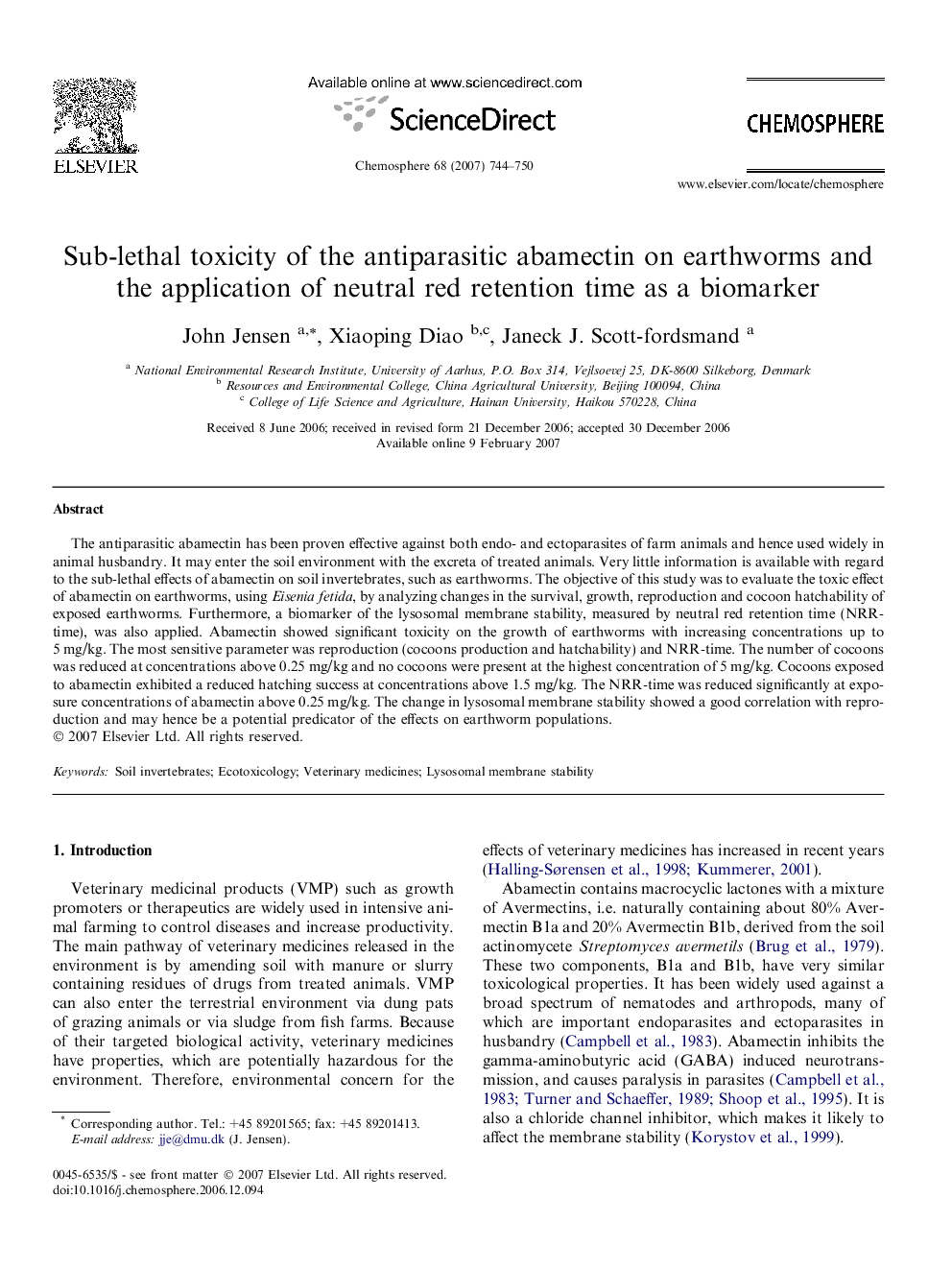 Sub-lethal toxicity of the antiparasitic abamectin on earthworms and the application of neutral red retention time as a biomarker