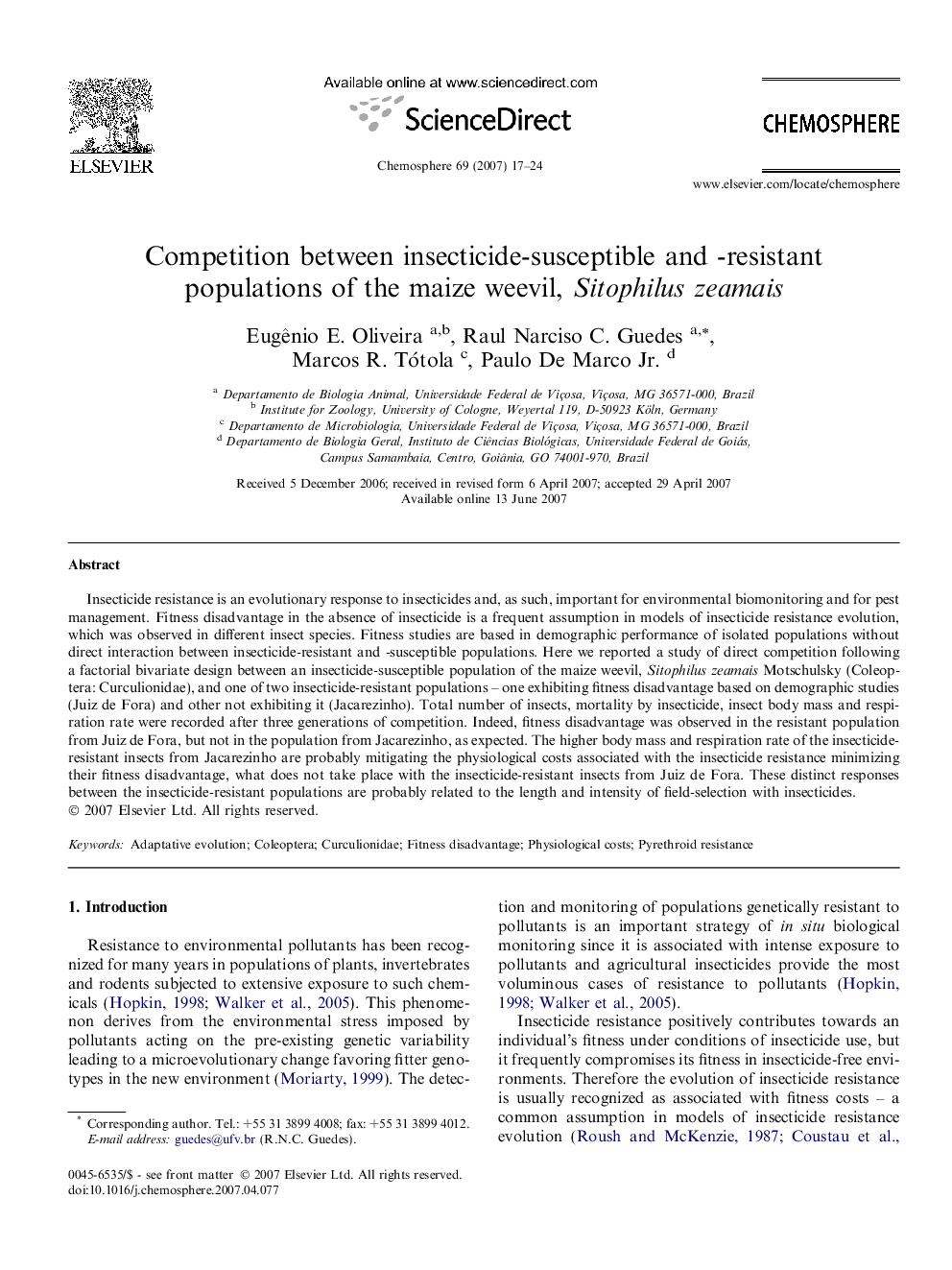 Competition between insecticide-susceptible and -resistant populations of the maize weevil, Sitophilus zeamais