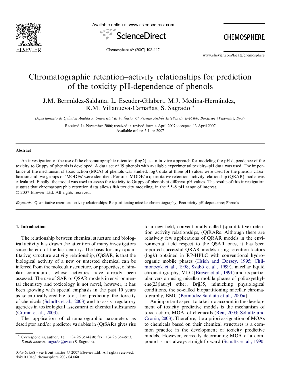 Chromatographic retention–activity relationships for prediction of the toxicity pH-dependence of phenols