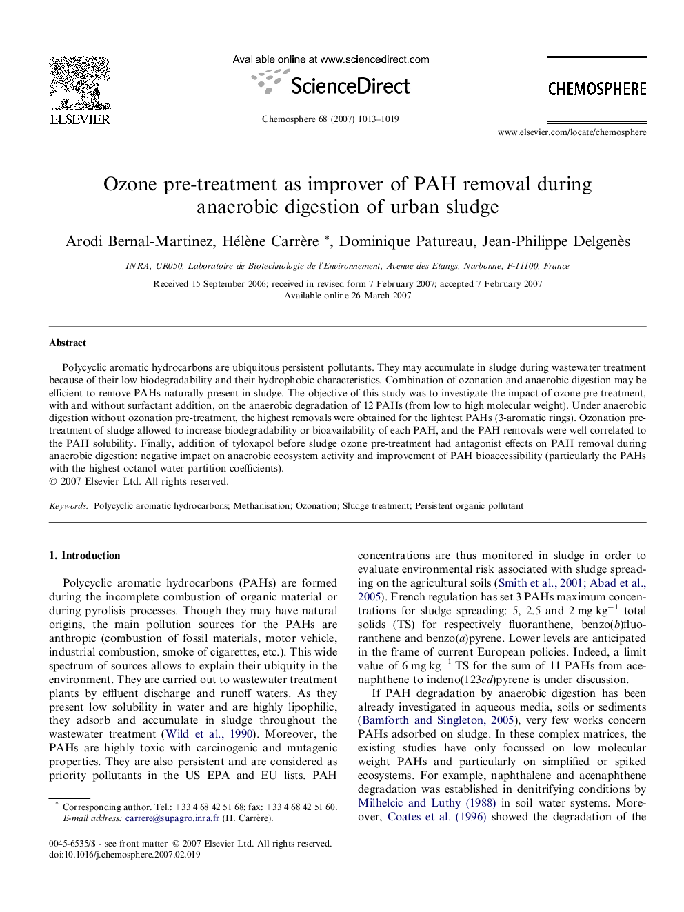 Ozone pre-treatment as improver of PAH removal during anaerobic digestion of urban sludge