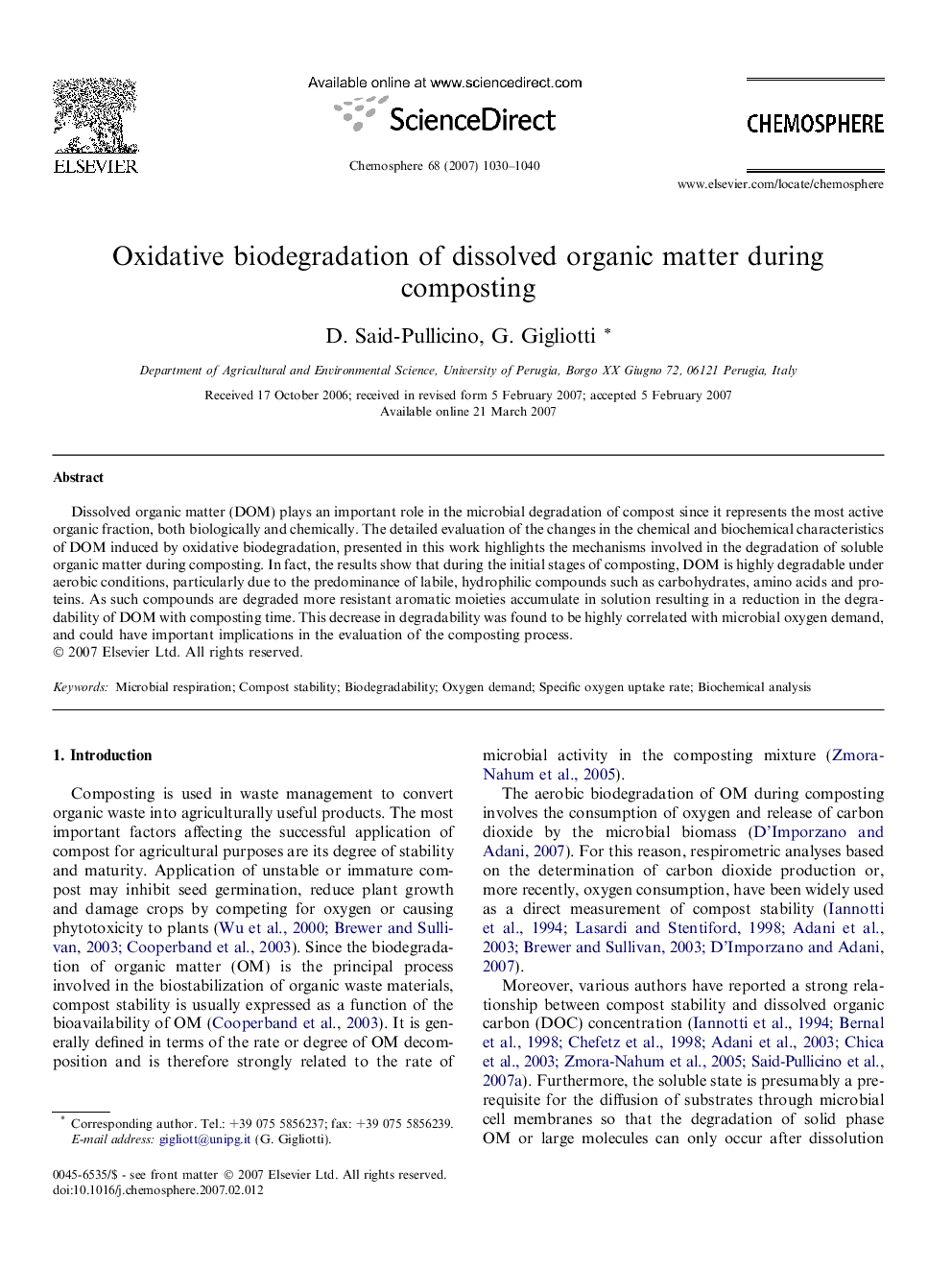 Oxidative biodegradation of dissolved organic matter during composting