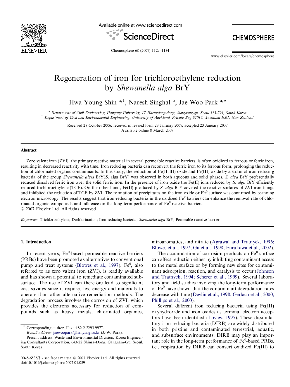 Regeneration of iron for trichloroethylene reduction by Shewanella alga BrY