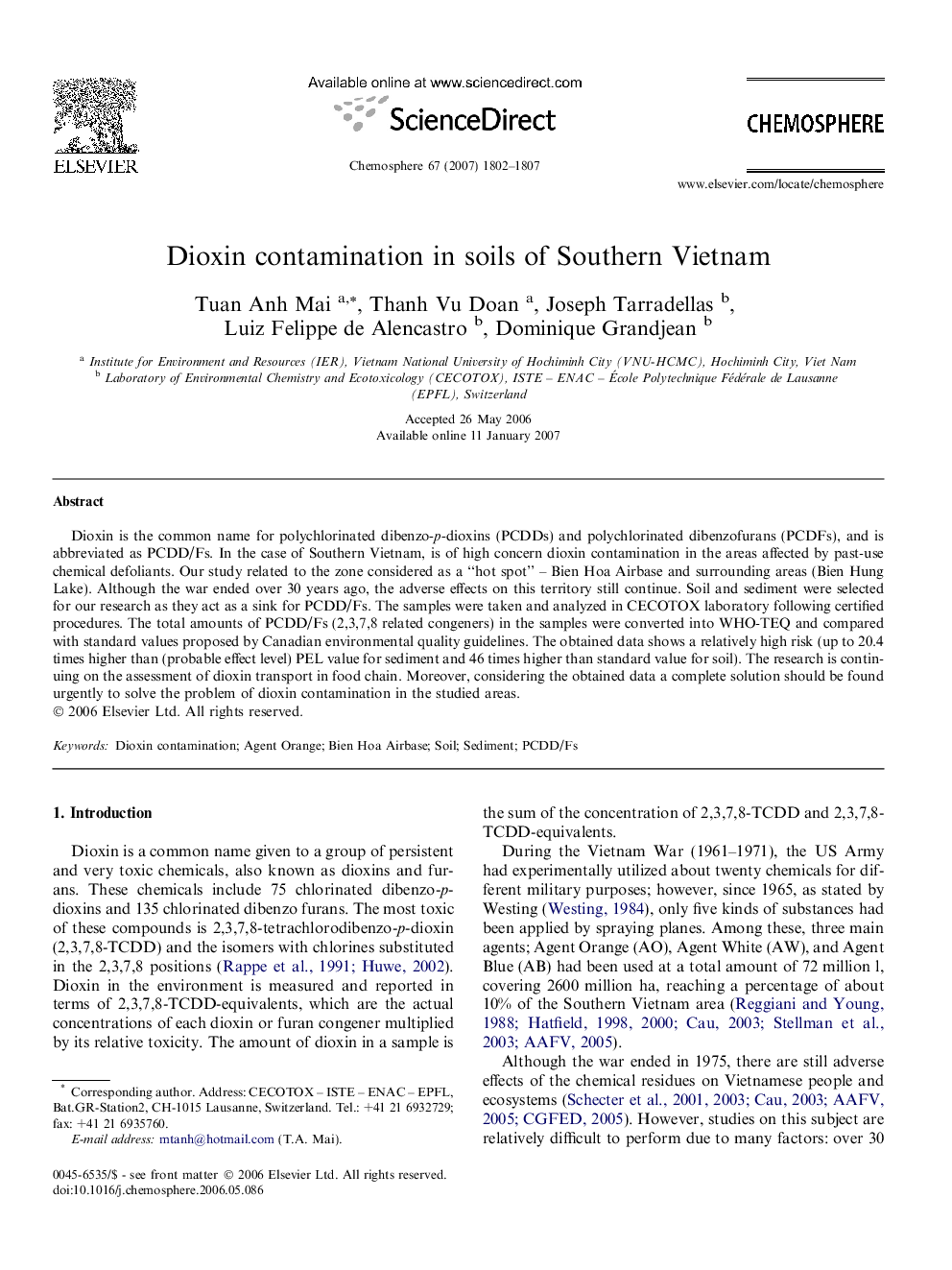 عکس صفحه اول مقاله: Dioxin contamination in soils of Southern Vietnam Dioxin contamination in soils of Southern Vietnam