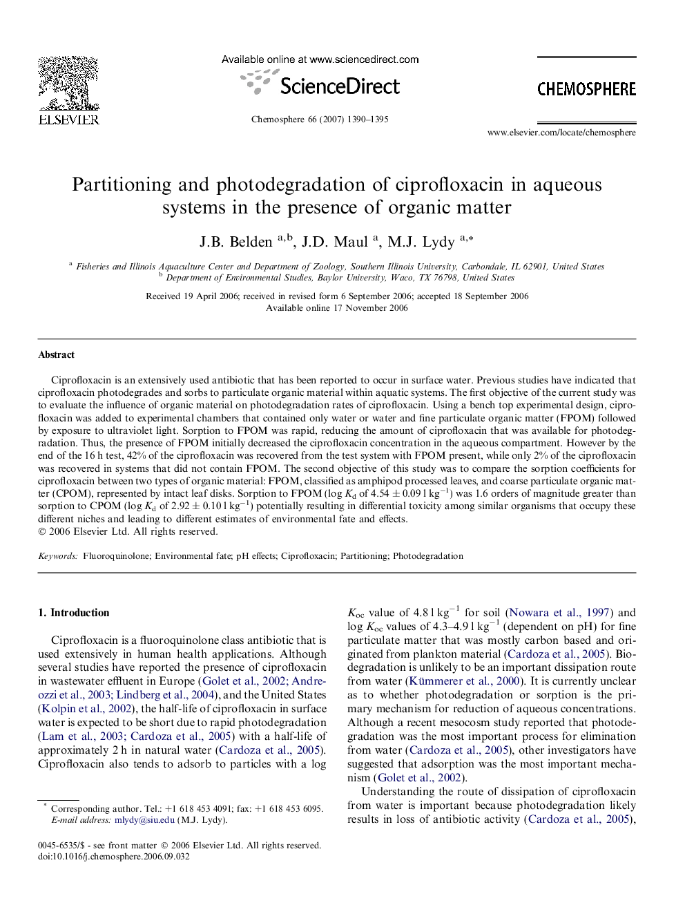 Partitioning and photodegradation of ciprofloxacin in aqueous systems in the presence of organic matter