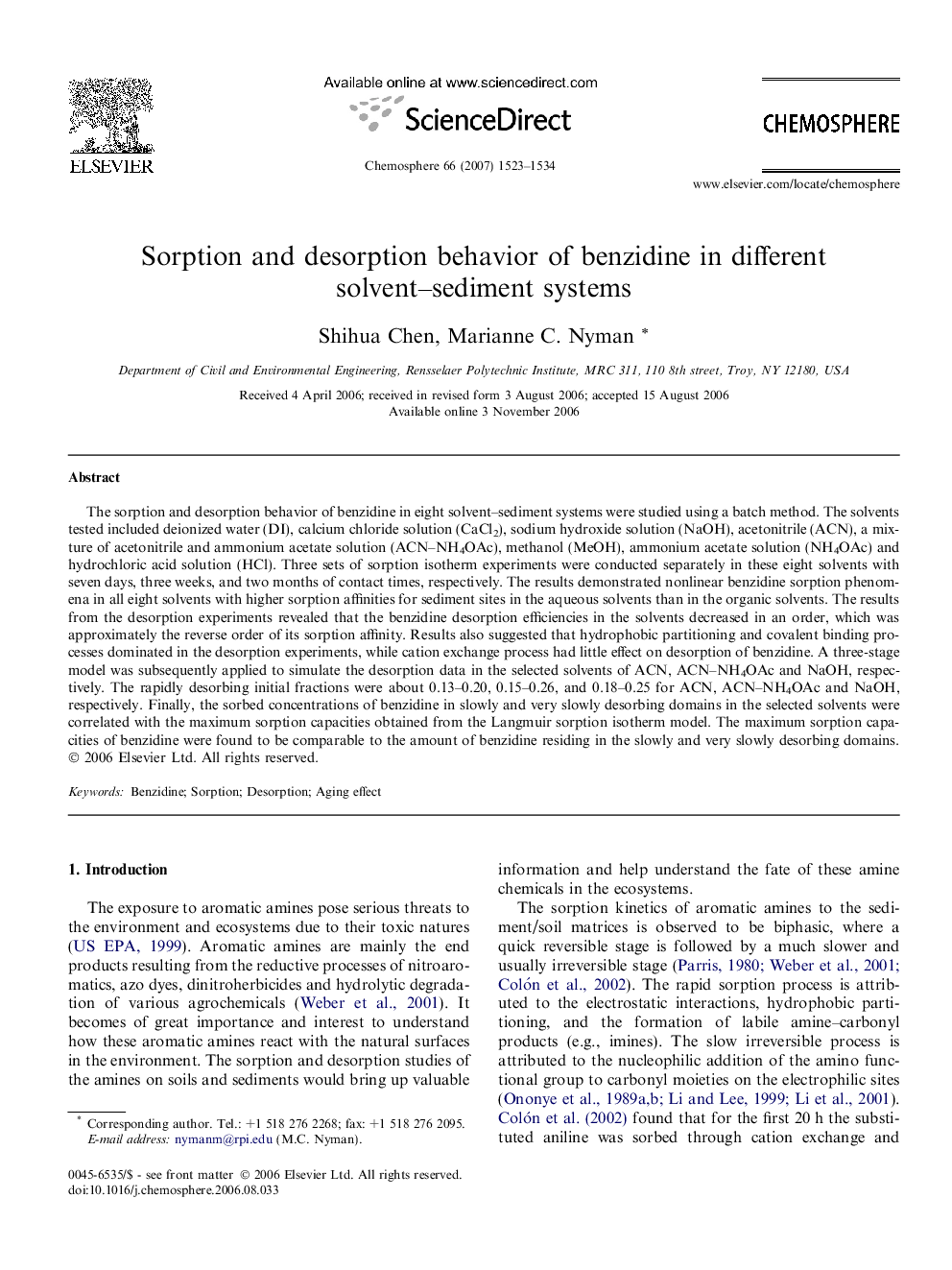 Sorption and desorption behavior of benzidine in different solvent–sediment systems