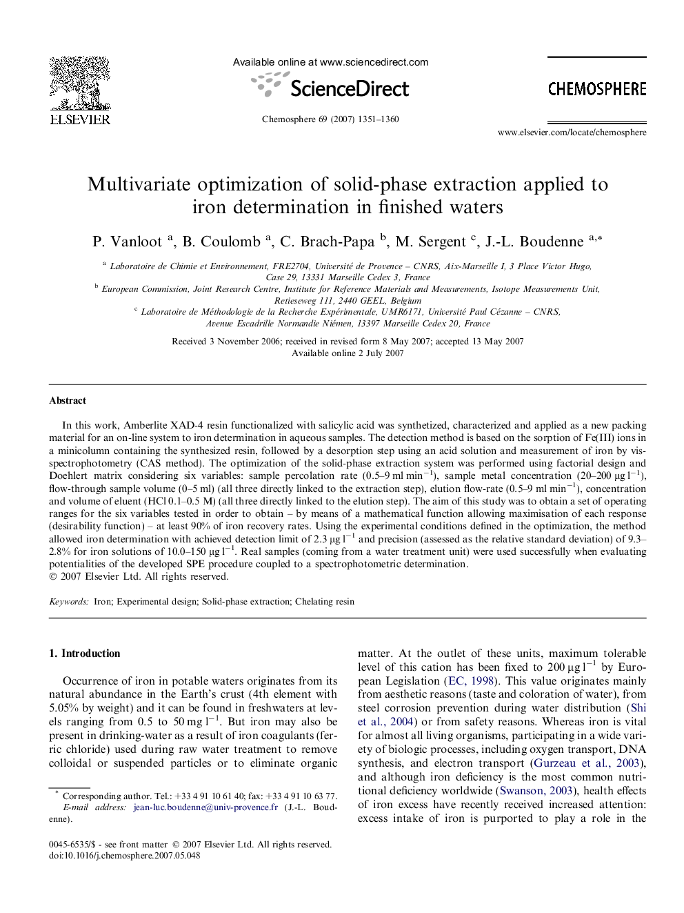 Multivariate optimization of solid-phase extraction applied to iron determination in finished waters