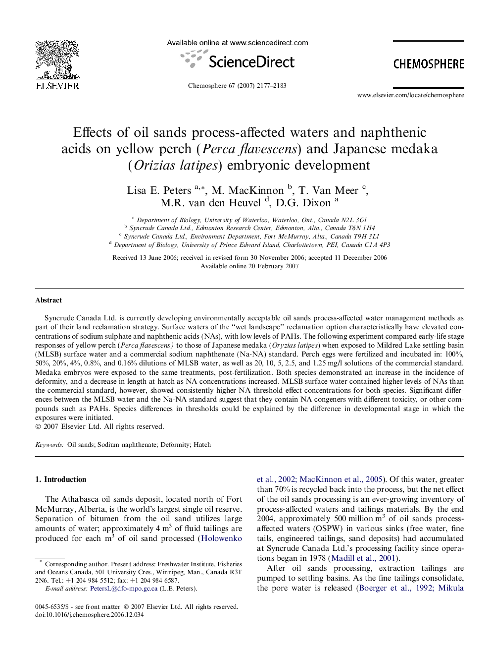 Effects of oil sands process-affected waters and naphthenic acids on yellow perch (Perca flavescens) and Japanese medaka (Orizias latipes) embryonic development