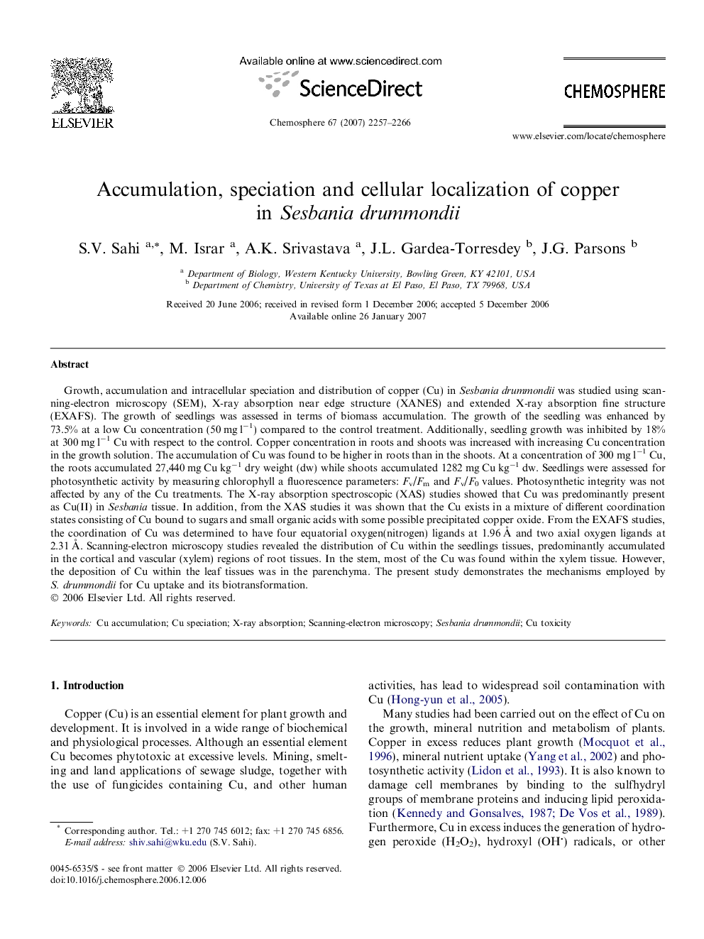 Accumulation, speciation and cellular localization of copper in Sesbania drummondii