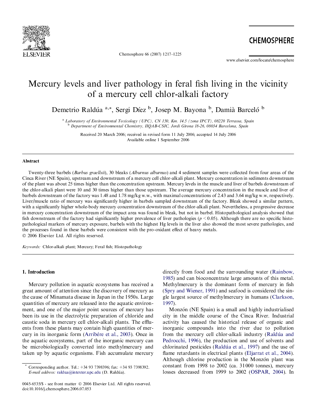 Mercury levels and liver pathology in feral fish living in the vicinity of a mercury cell chlor-alkali factory