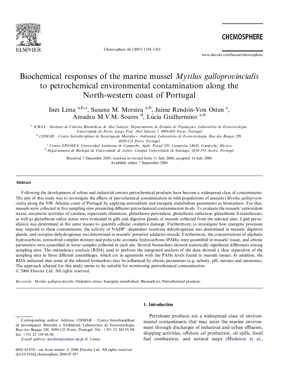 Biochemical responses of the marine mussel Mytilus galloprovincialis to petrochemical environmental contamination along the North-western coast of Portugal