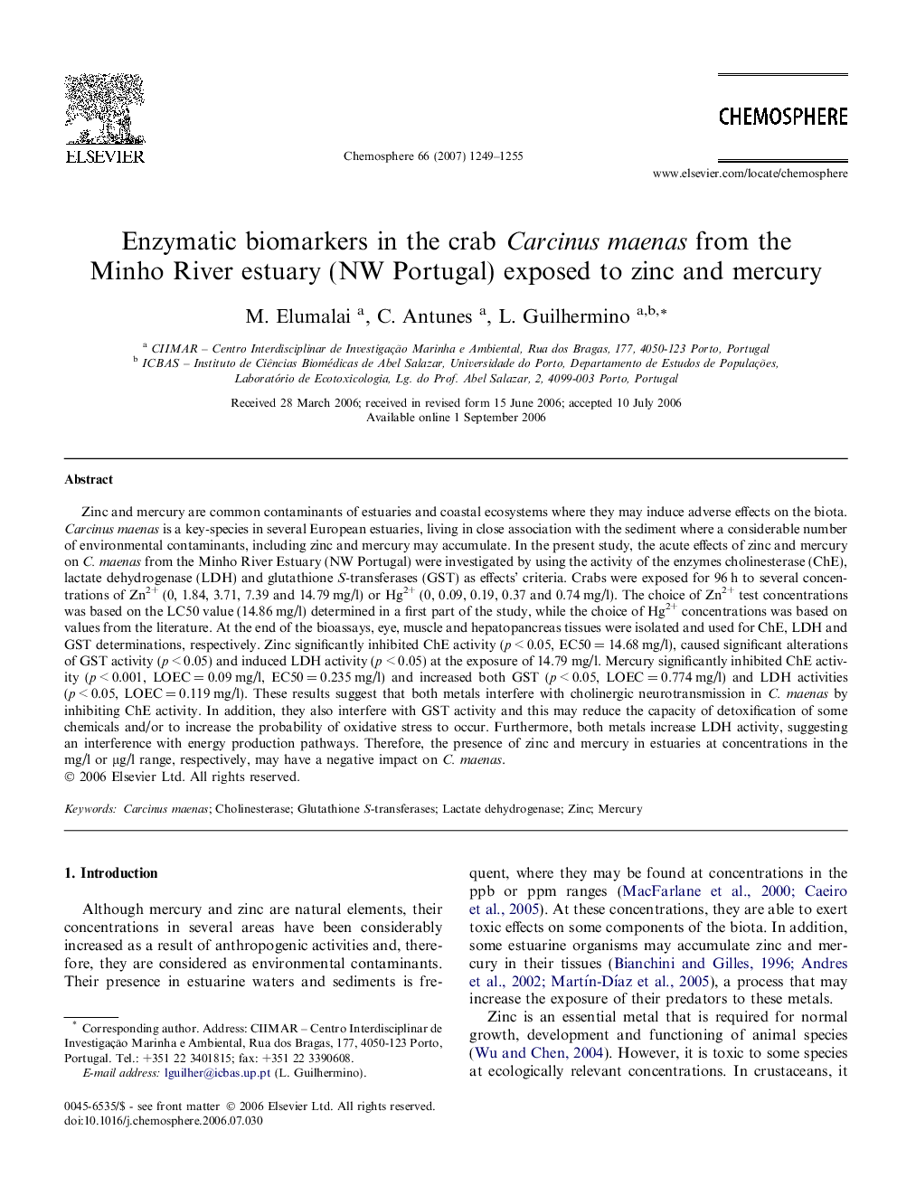 Enzymatic biomarkers in the crab Carcinus maenas from the Minho River estuary (NW Portugal) exposed to zinc and mercury