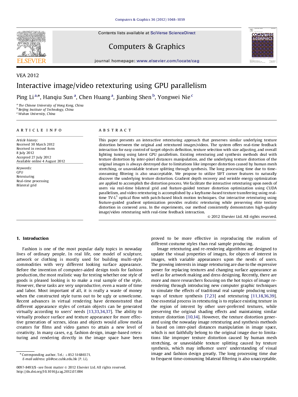 Interactive image/video retexturing using GPU parallelism