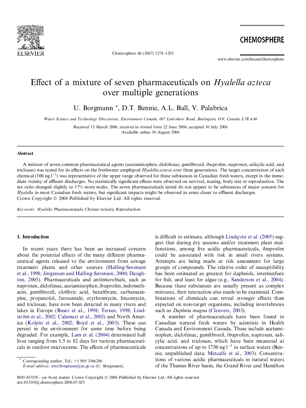 Effect of a mixture of seven pharmaceuticals on Hyalella azteca over multiple generations