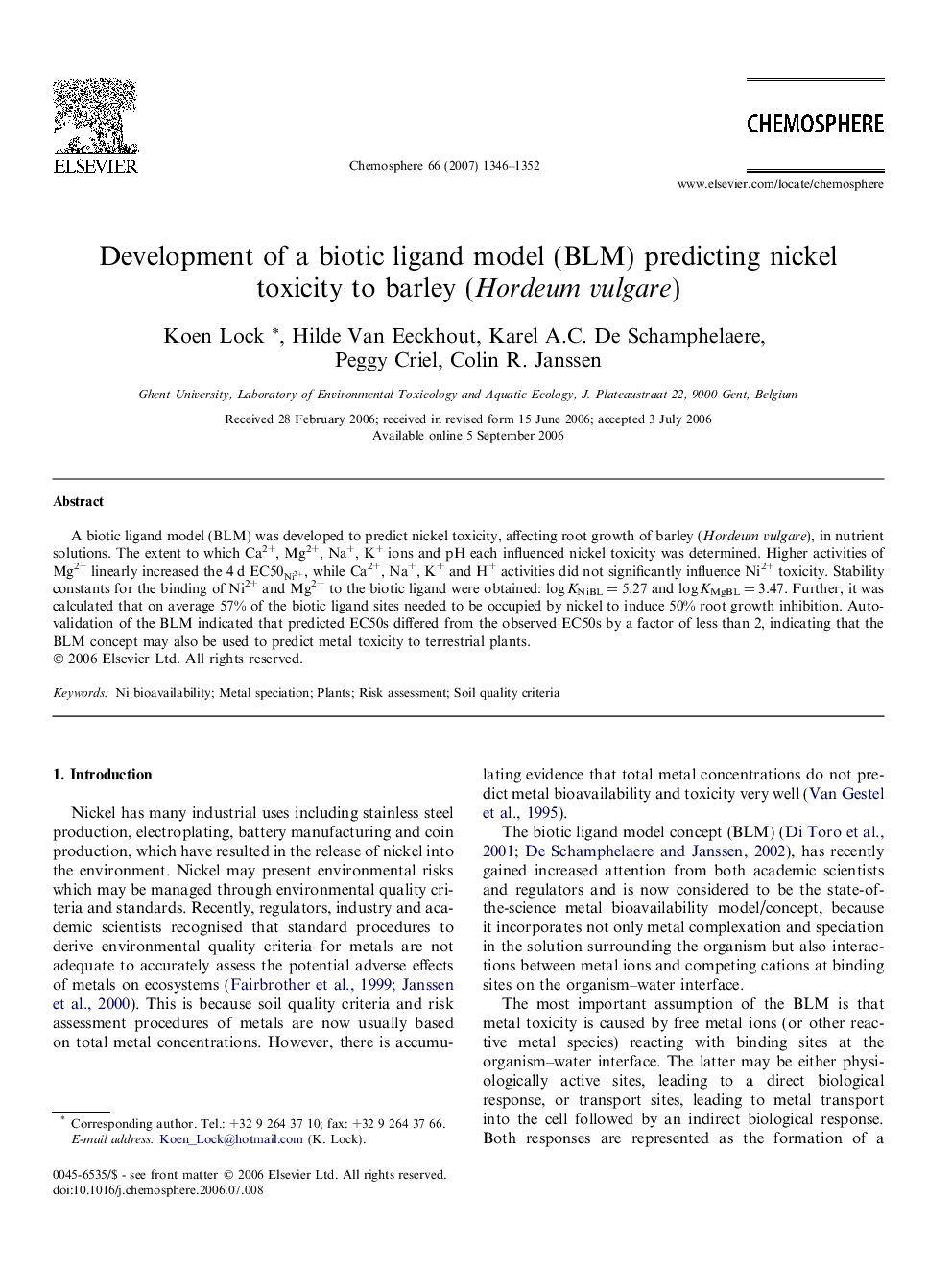 Development of a biotic ligand model (BLM) predicting nickel toxicity to barley (Hordeum vulgare)