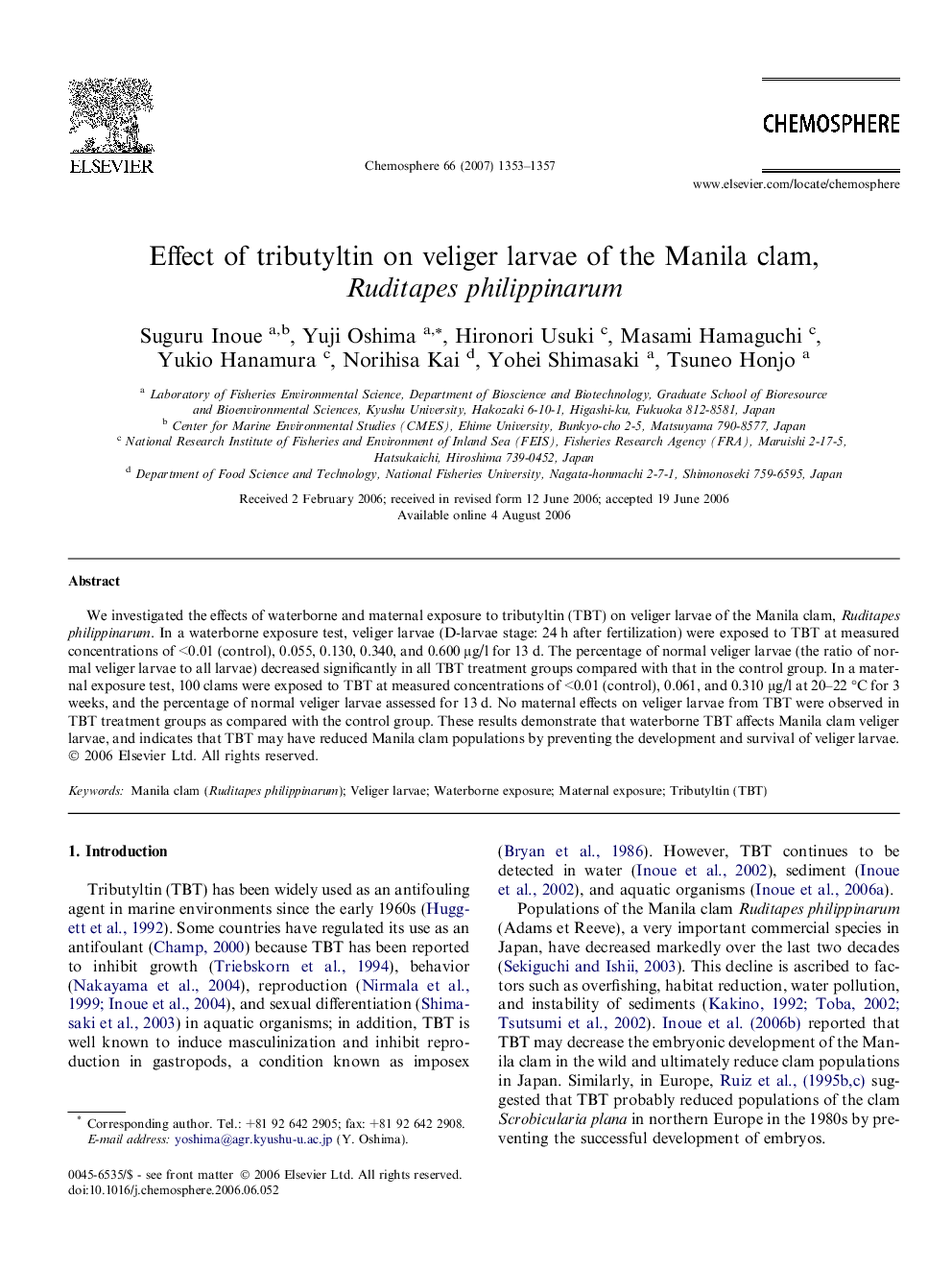 Effect of tributyltin on veliger larvae of the Manila clam, Ruditapes philippinarum