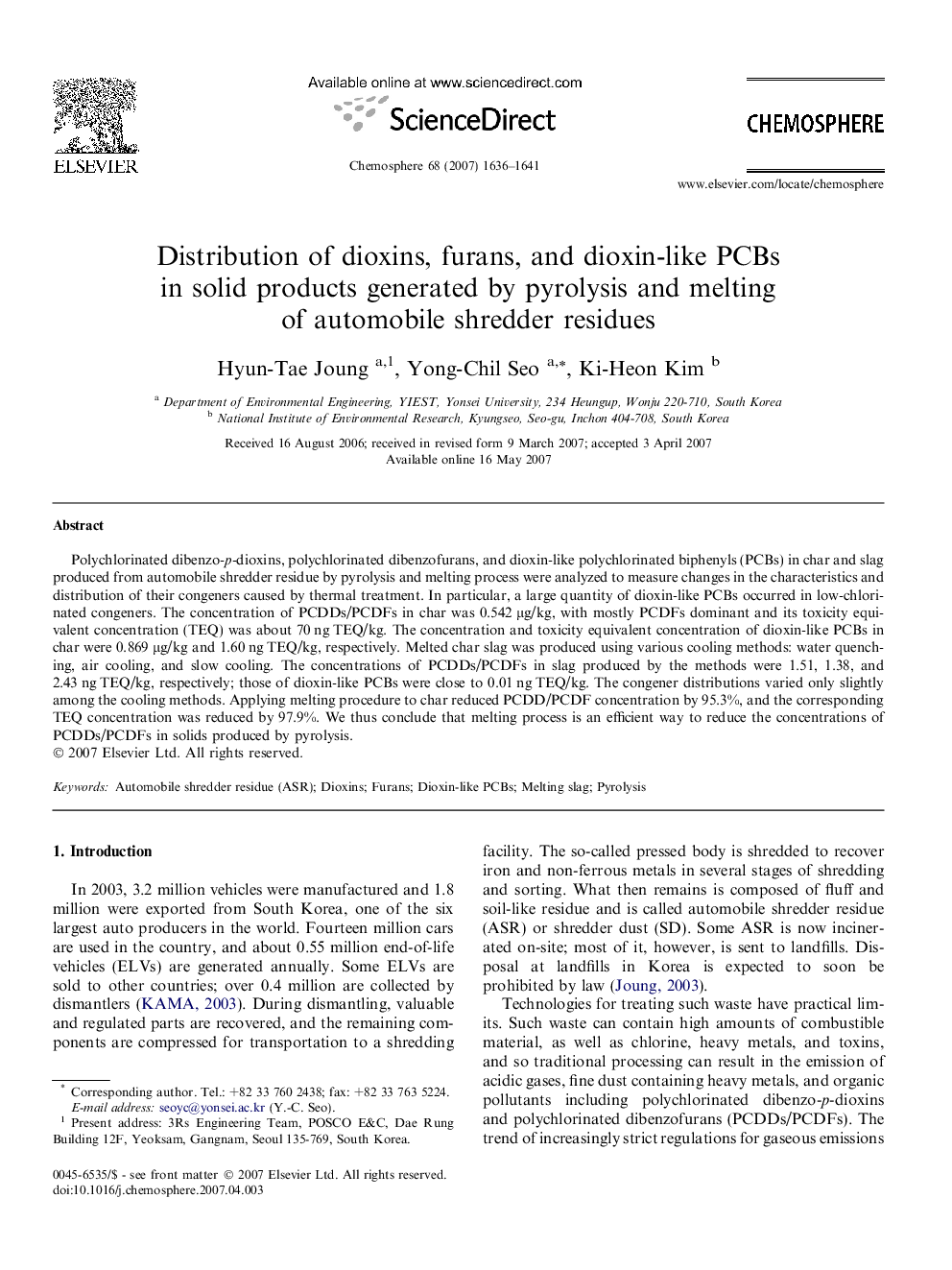 Distribution of dioxins, furans, and dioxin-like PCBs in solid products generated by pyrolysis and melting of automobile shredder residues