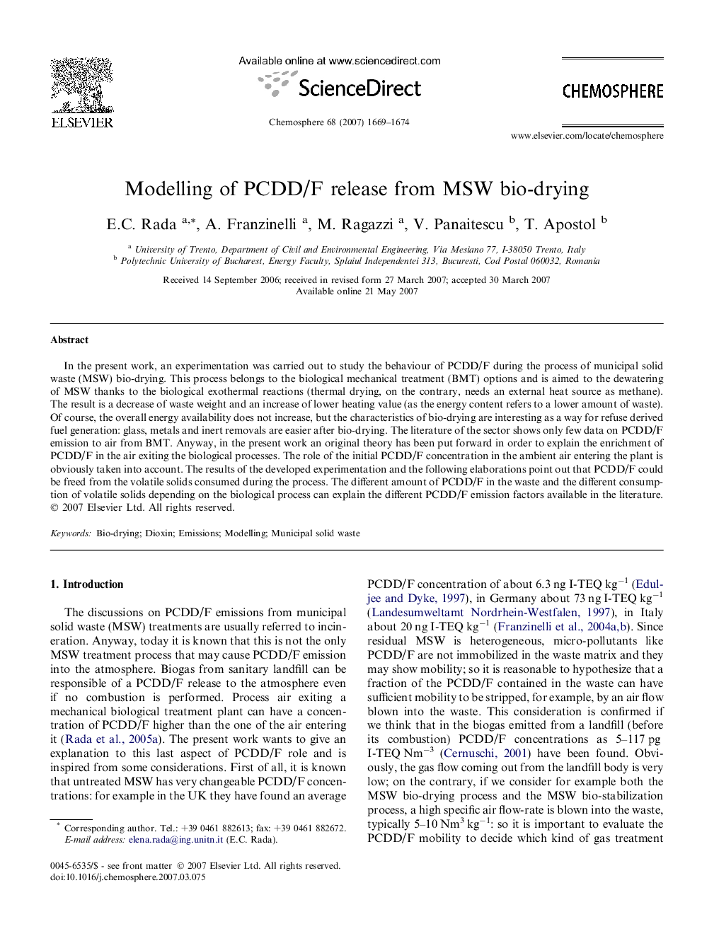عکس صفحه اول مقاله: Modelling of PCDD/F release from MSW bio-drying Modelling of PCDD/F release from MSW bio-drying