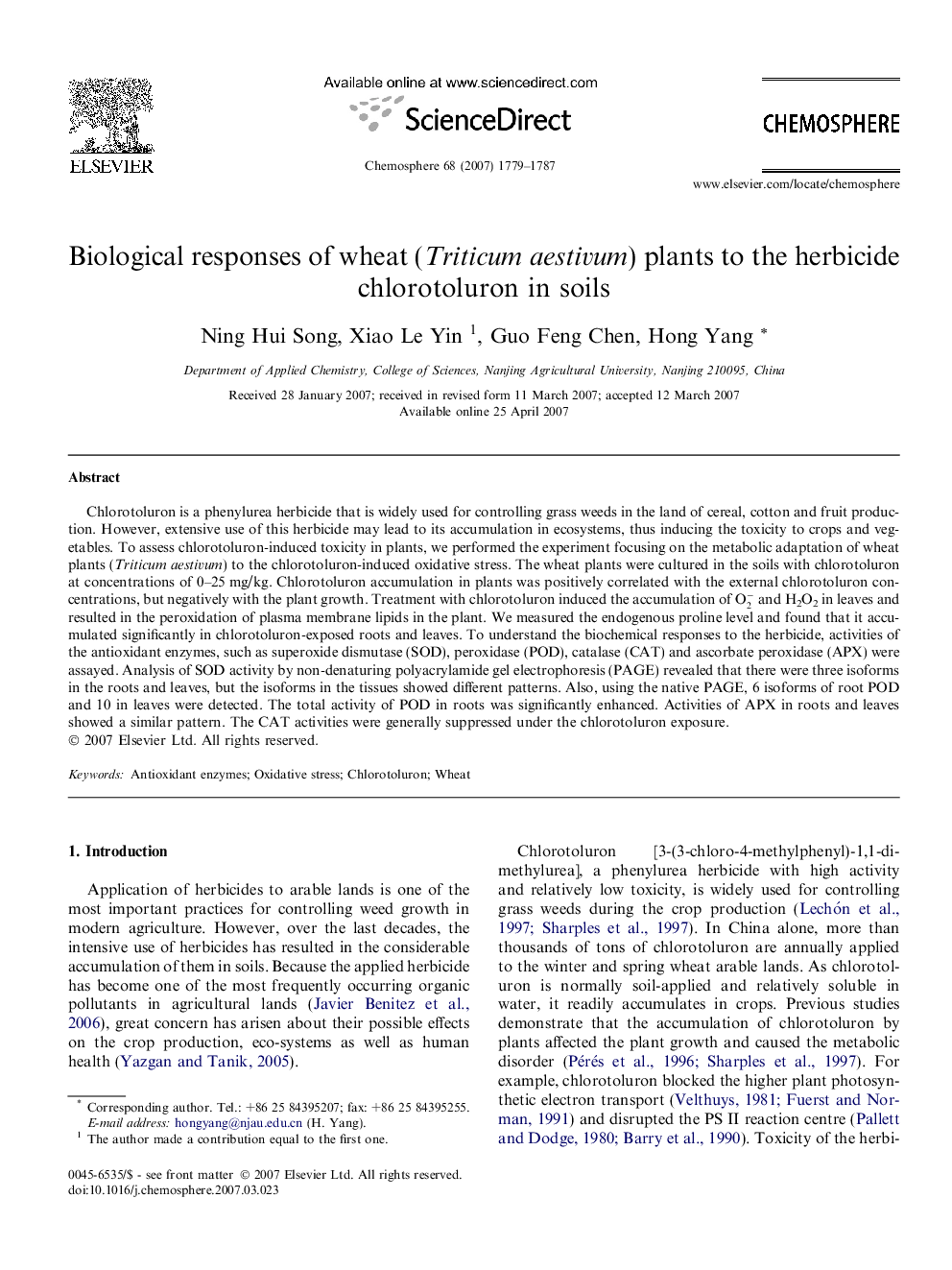 Biological responses of wheat (Triticum aestivum) plants to the herbicide chlorotoluron in soils