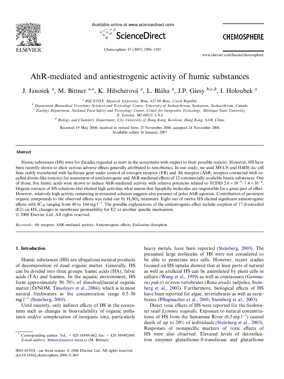 AhR-mediated and antiestrogenic activity of humic substances