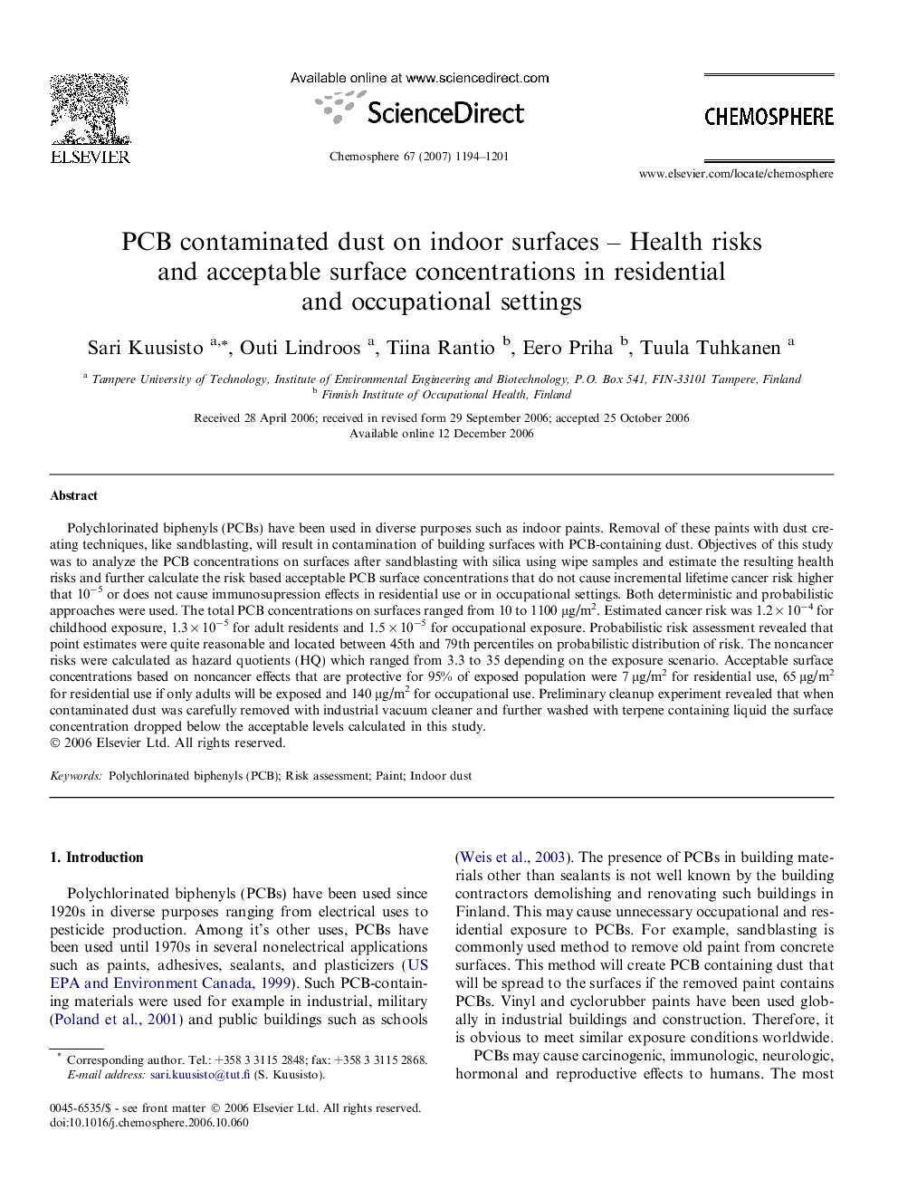 PCB contaminated dust on indoor surfaces – Health risks and acceptable surface concentrations in residential and occupational settings