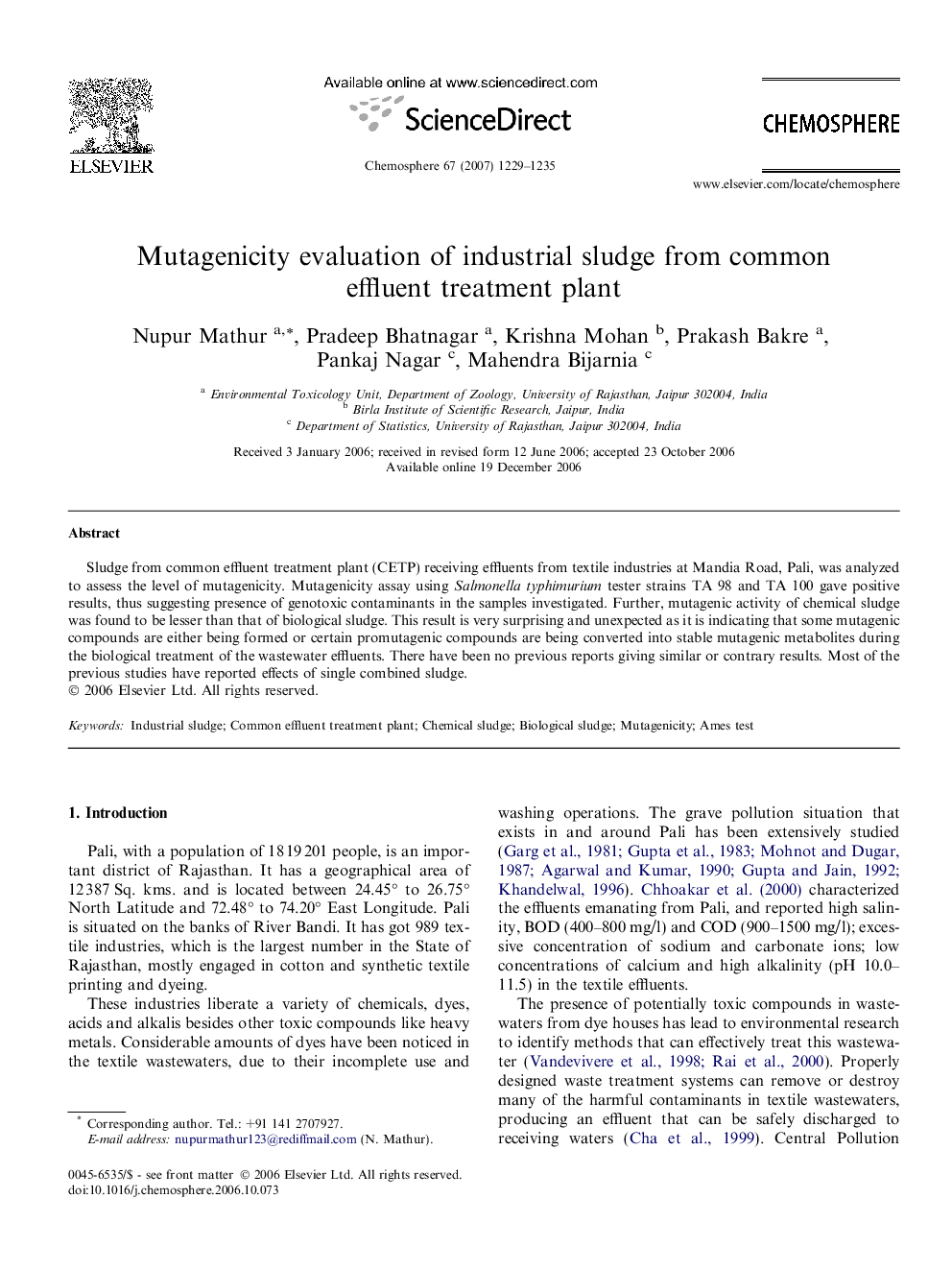 Mutagenicity evaluation of industrial sludge from common effluent treatment plant