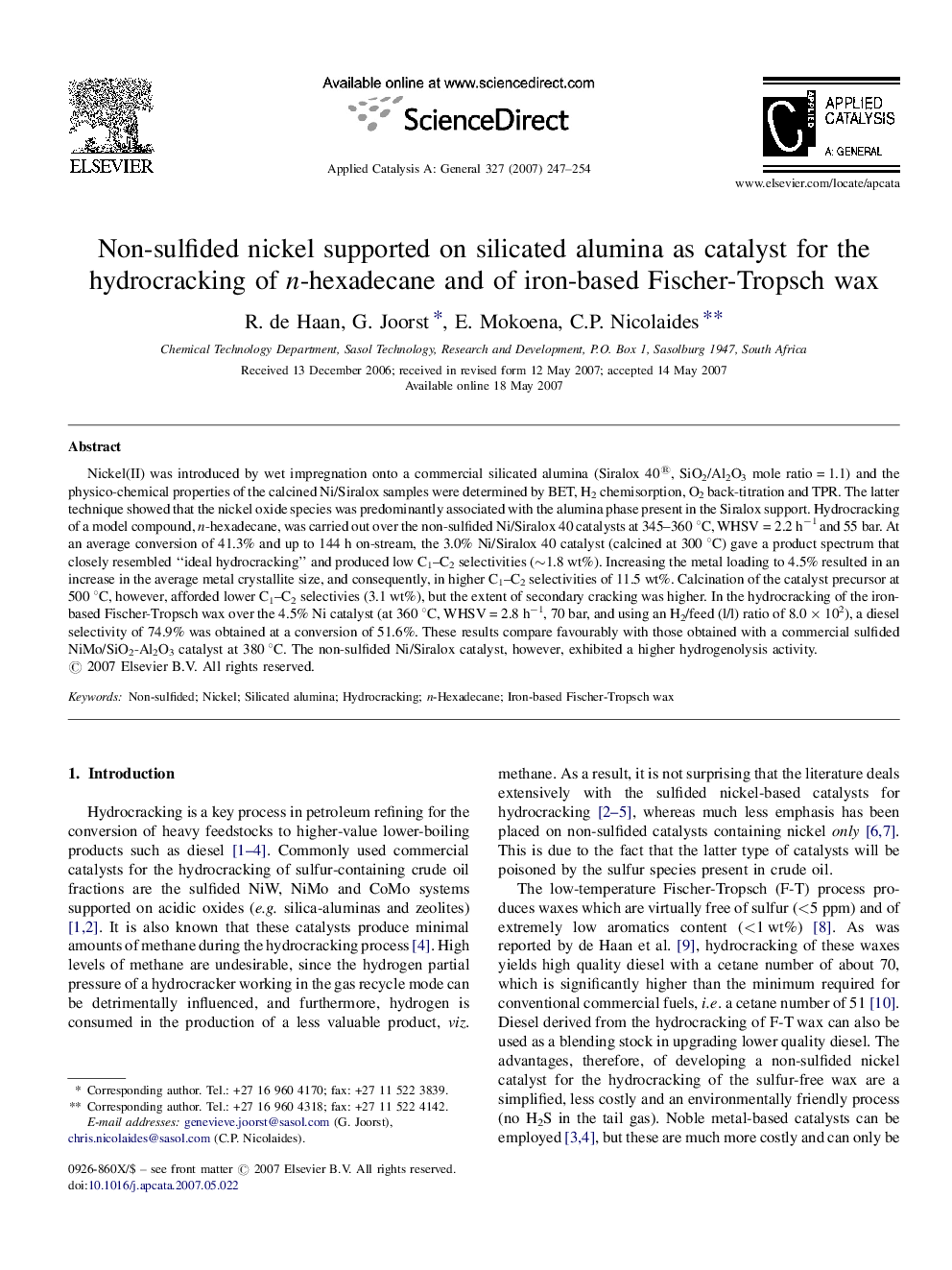 Non-sulfided nickel supported on silicated alumina as catalyst for the hydrocracking of n-hexadecane and of iron-based Fischer-Tropsch wax