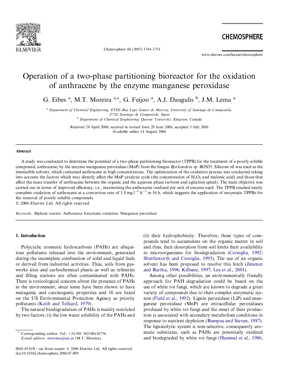 Operation of a two-phase partitioning bioreactor for the oxidation of anthracene by the enzyme manganese peroxidase