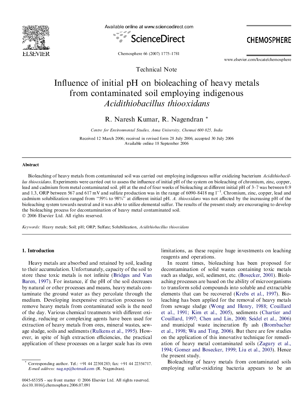 Influence of initial pH on bioleaching of heavy metals from contaminated soil employing indigenous Acidithiobacillus thiooxidans