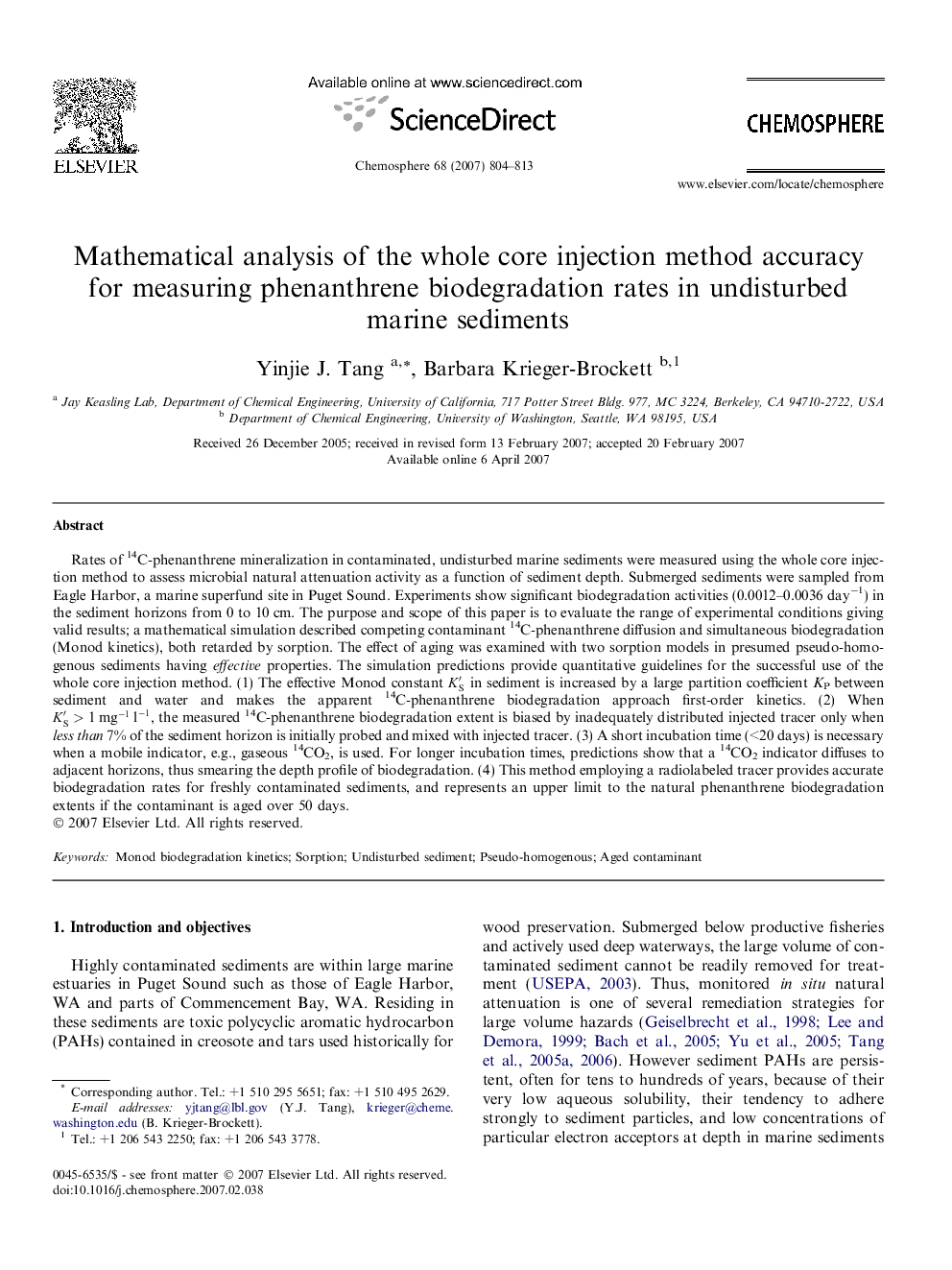 Mathematical analysis of the whole core injection method accuracy for measuring phenanthrene biodegradation rates in undisturbed marine sediments