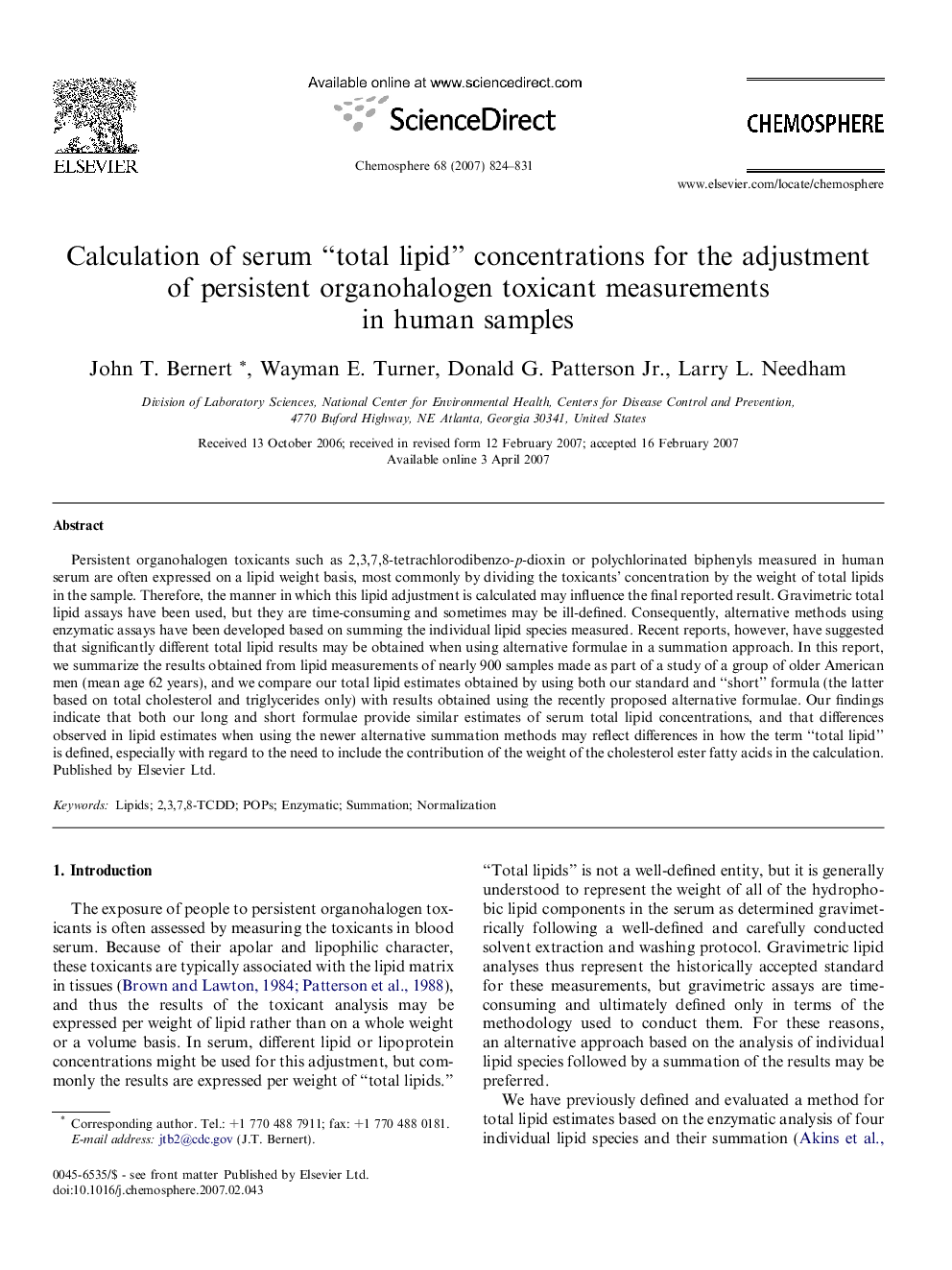 Calculation of serum “total lipid” concentrations for the adjustment of persistent organohalogen toxicant measurements in human samples