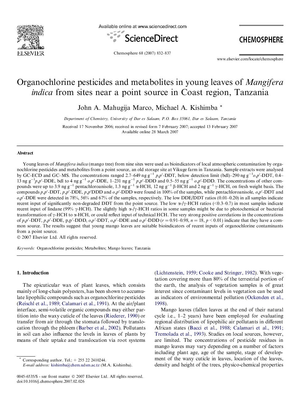 Organochlorine pesticides and metabolites in young leaves of Mangifera indica from sites near a point source in Coast region, Tanzania