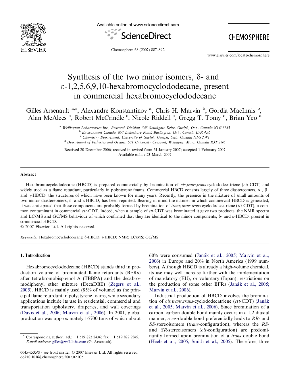 Synthesis of the two minor isomers, δ- and ε-1,2,5,6,9,10-hexabromocyclododecane, present in commercial hexabromocyclododecane