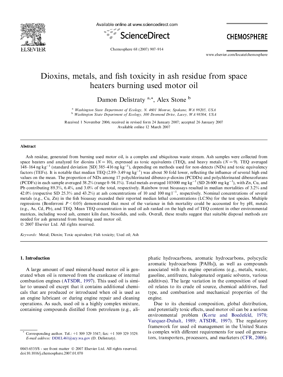 Dioxins, metals, and fish toxicity in ash residue from space heaters burning used motor oil