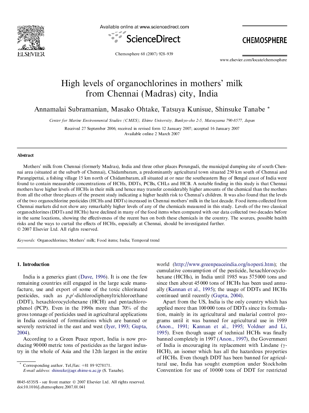 High levels of organochlorines in mothers’ milk from Chennai (Madras) city, India