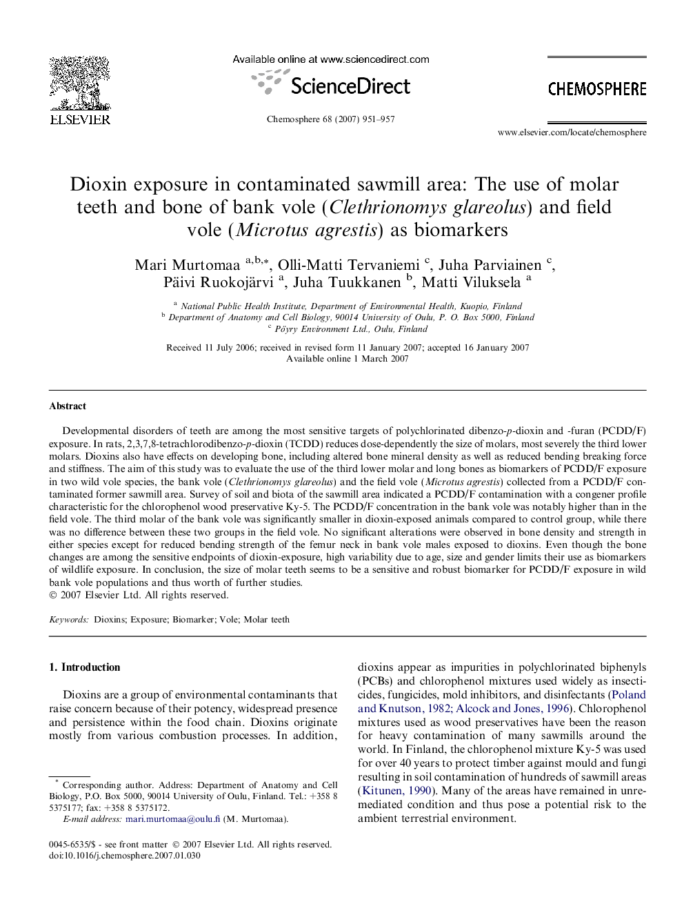 Dioxin exposure in contaminated sawmill area: The use of molar teeth and bone of bank vole (Clethrionomys glareolus) and field vole (Microtus agrestis) as biomarkers