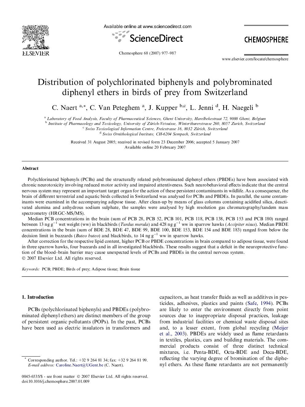 Distribution of polychlorinated biphenyls and polybrominated diphenyl ethers in birds of prey from Switzerland