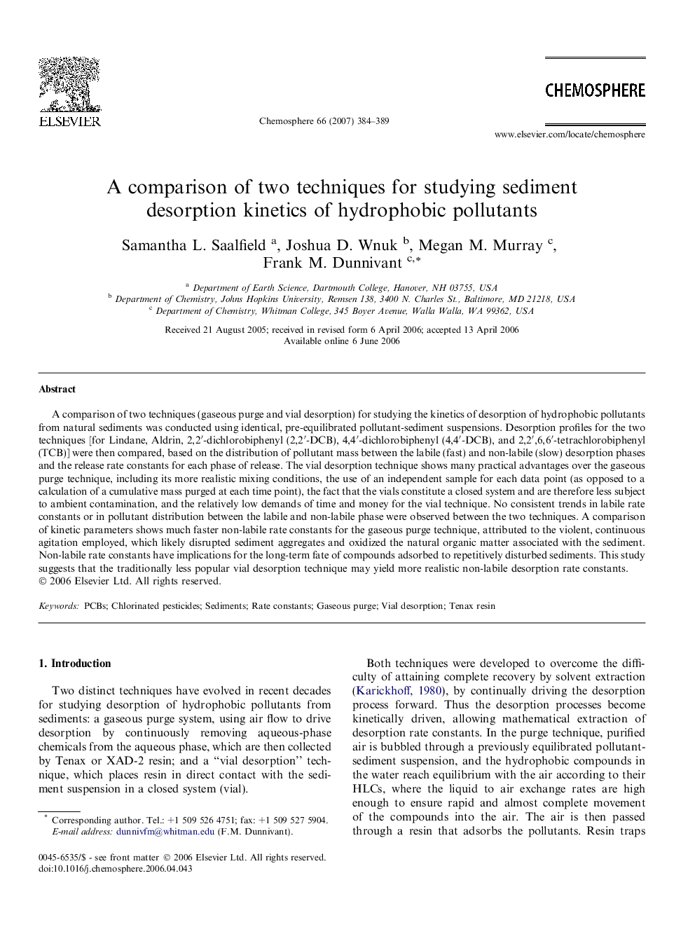 A comparison of two techniques for studying sediment desorption kinetics of hydrophobic pollutants