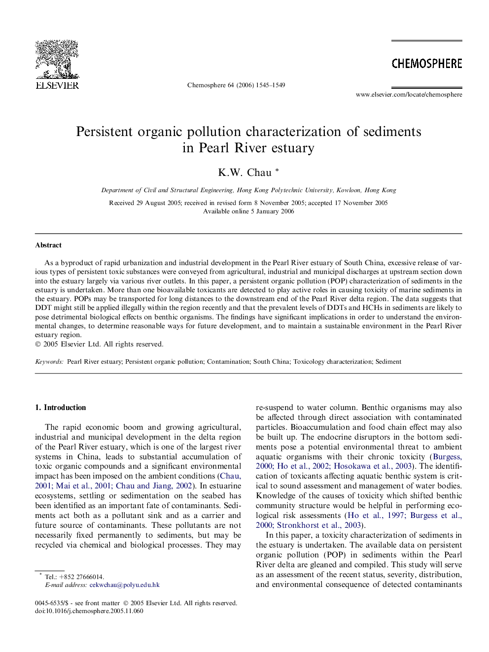 Persistent organic pollution characterization of sediments in Pearl River estuary