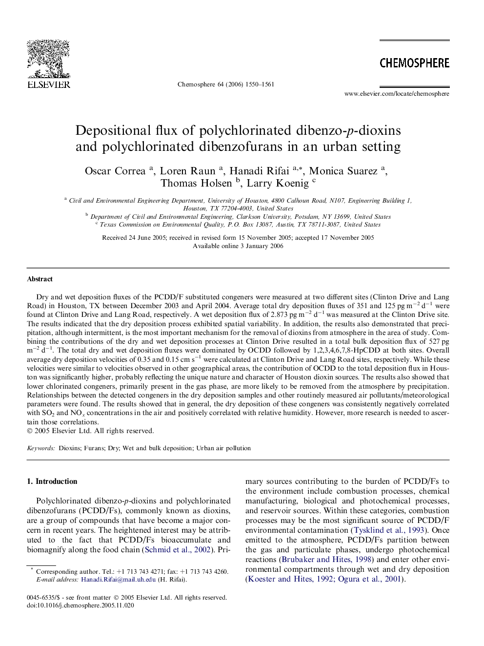 Depositional flux of polychlorinated dibenzo-p-dioxins and polychlorinated dibenzofurans in an urban setting