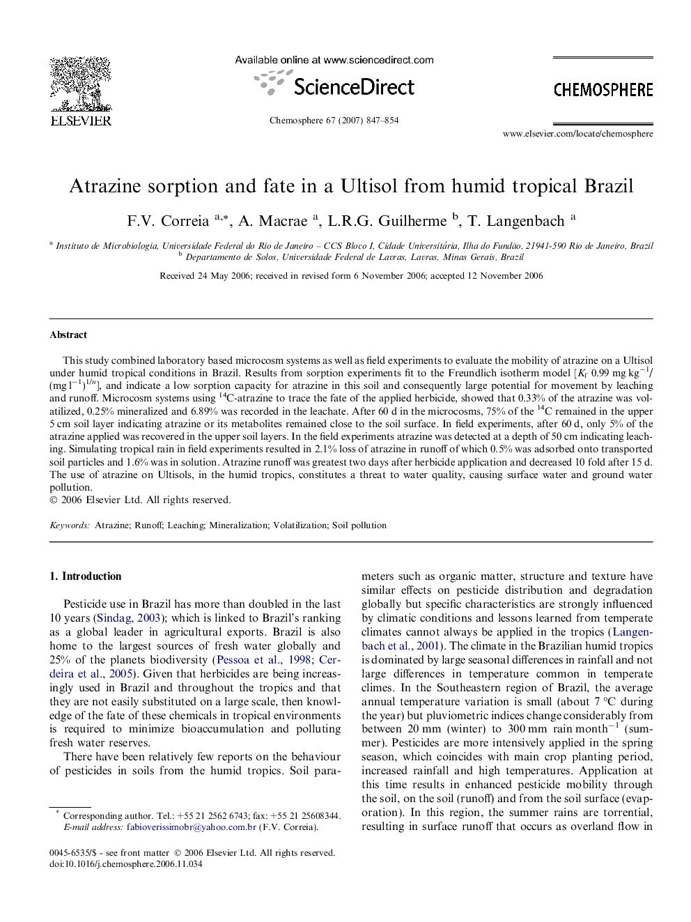 Atrazine sorption and fate in a Ultisol from humid tropical Brazil