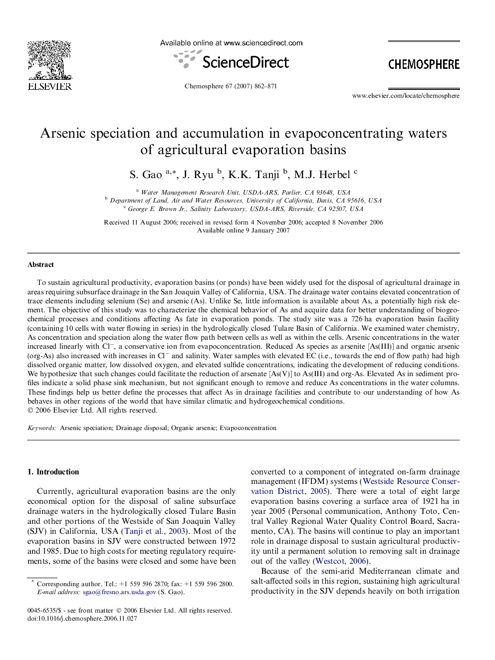 Arsenic speciation and accumulation in evapoconcentrating waters of agricultural evaporation basins