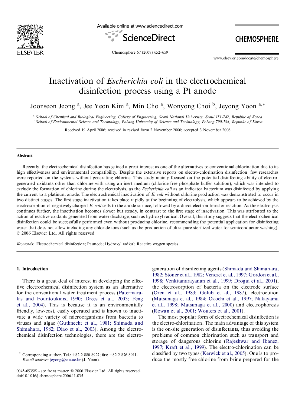 Inactivation of Escherichia coli in the electrochemical disinfection process using a Pt anode