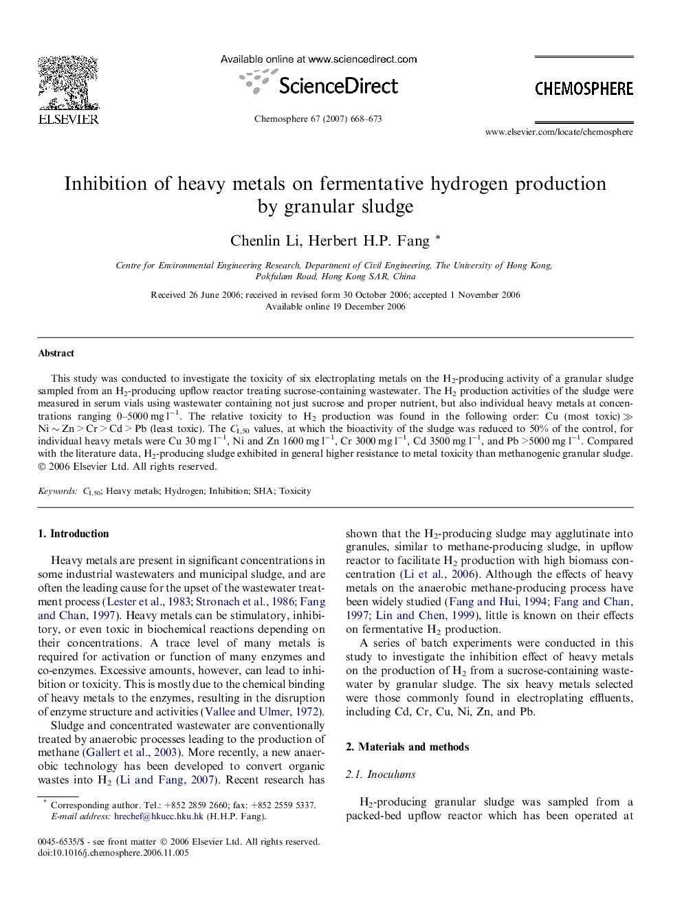 عکس صفحه اول مقاله: Inhibition of heavy metals on fermentative hydrogen production by granular sludge Inhibition of heavy metals on fermentative hydrogen production by granular sludge