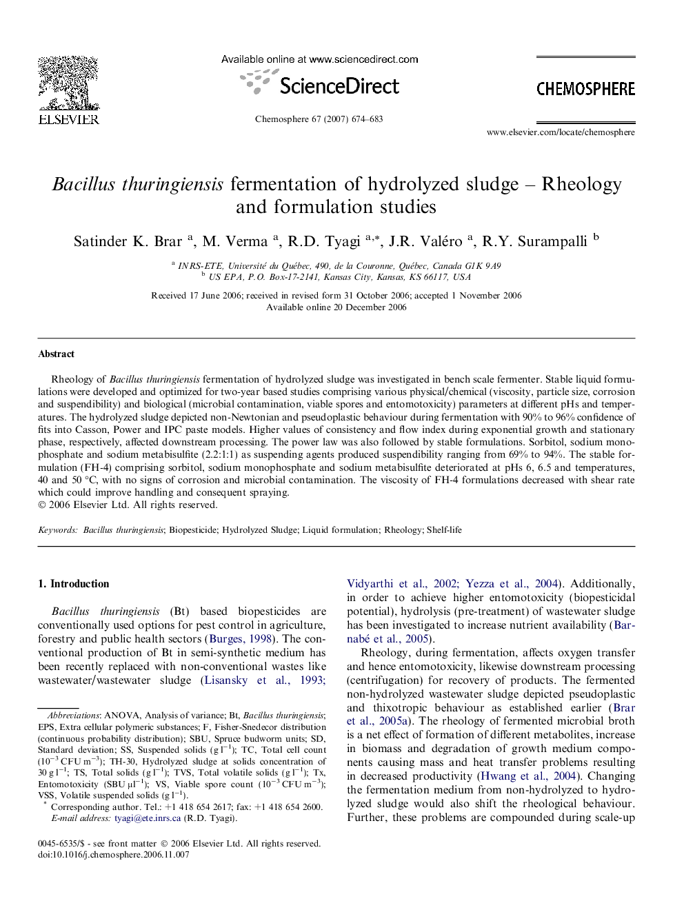 Bacillus thuringiensis fermentation of hydrolyzed sludge – Rheology and formulation studies