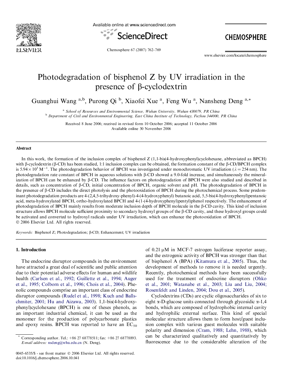 Photodegradation of bisphenol Z by UV irradiation in the presence of β-cyclodextrin