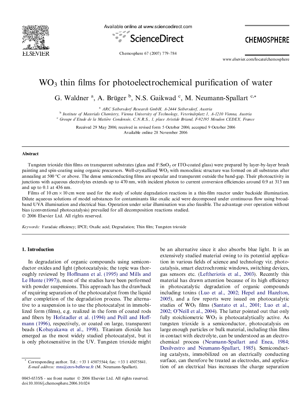 WO3 thin films for photoelectrochemical purification of water