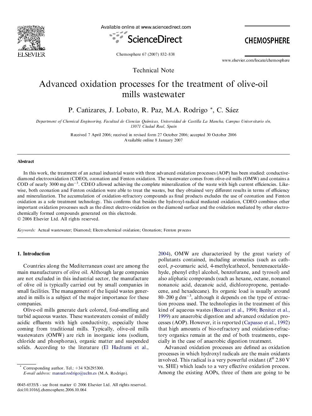 Advanced oxidation processes for the treatment of olive-oil mills wastewater